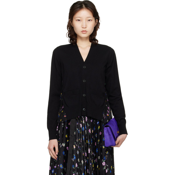  Sacai Black Floral Print Cotton Knit Cardigan 