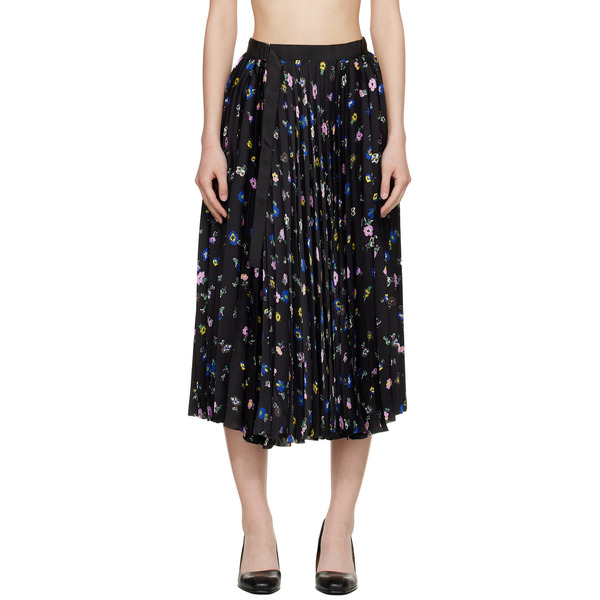  Sacai Black Floral Print Midi Skirt 