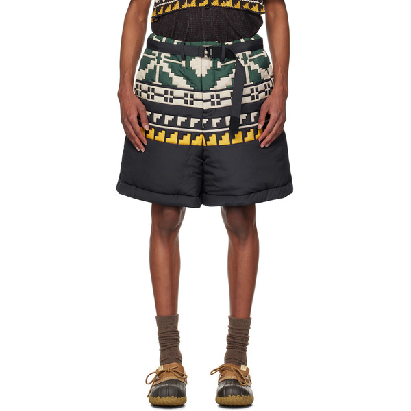  Sacai Black & Green Knit Pattern Quilted Shorts 