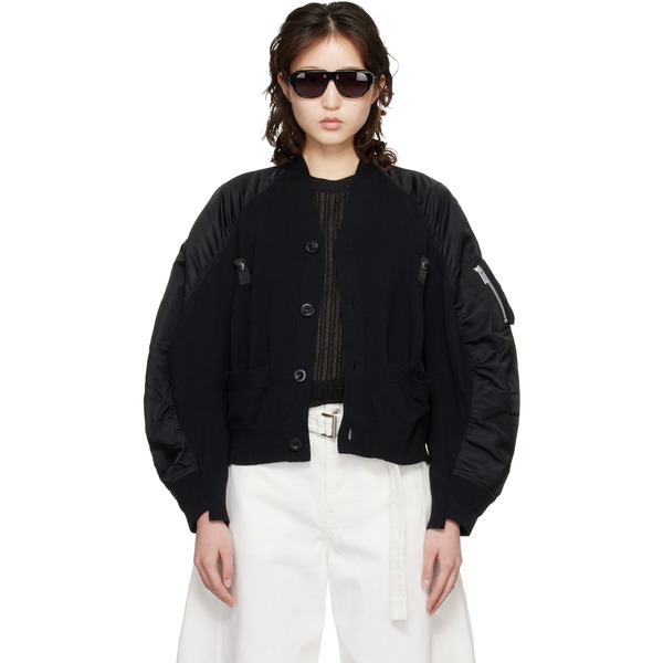  Sacai Black Nylon Twill & Knit Cardigan 