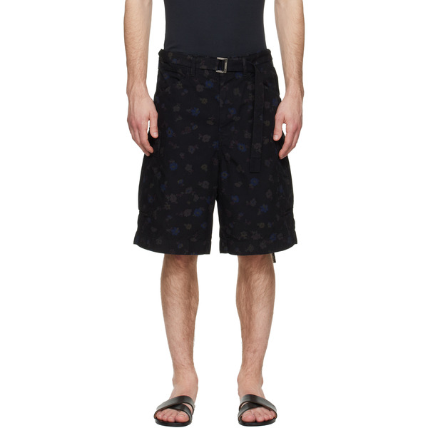  Sacai Black Overdyed Floral Print Cargo Shorts 