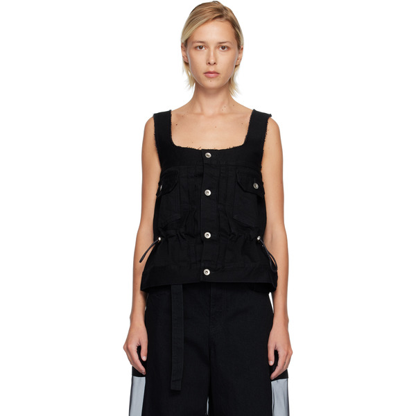  Sacai Black Square Neck Denim Tank Top 