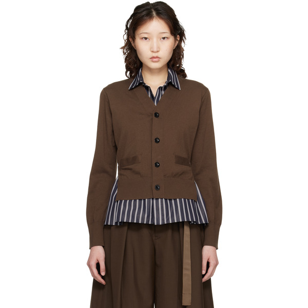  Sacai Brown Poplin & Cotton Knit Cardigan 