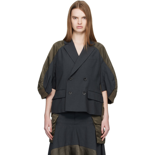  Sacai Gray & Khaki Suiting Nylon Twill Blazer 