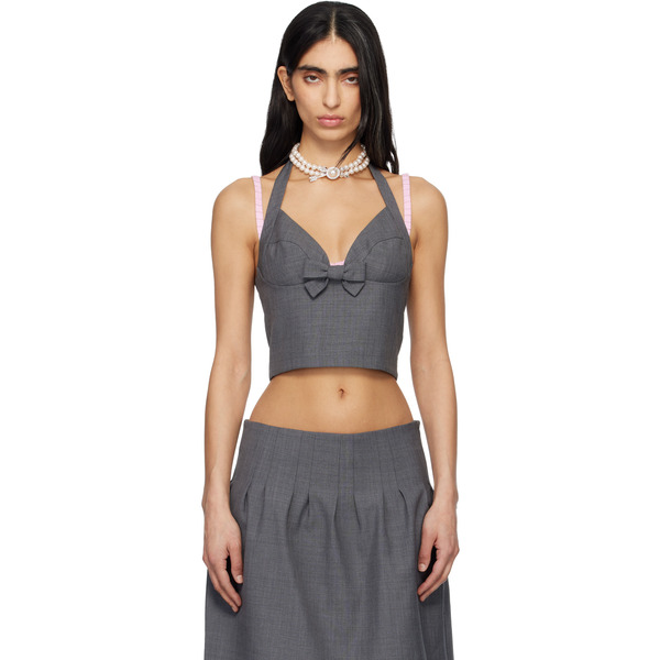  Shushu/tong Gray Halter Bow Tie Cami Top 