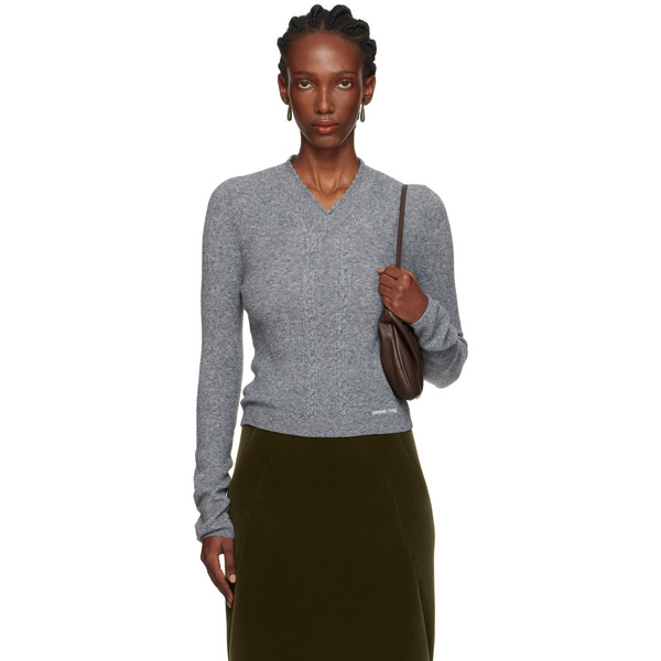  Shushu/tong Gray Lace-trimmed V-neck Knit Sweater 