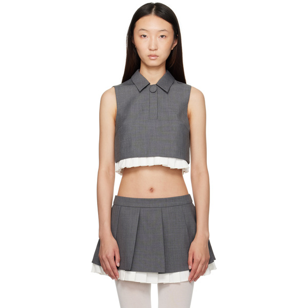  Shushu/tong Gray Pleated Hem Round Collar Short Top 