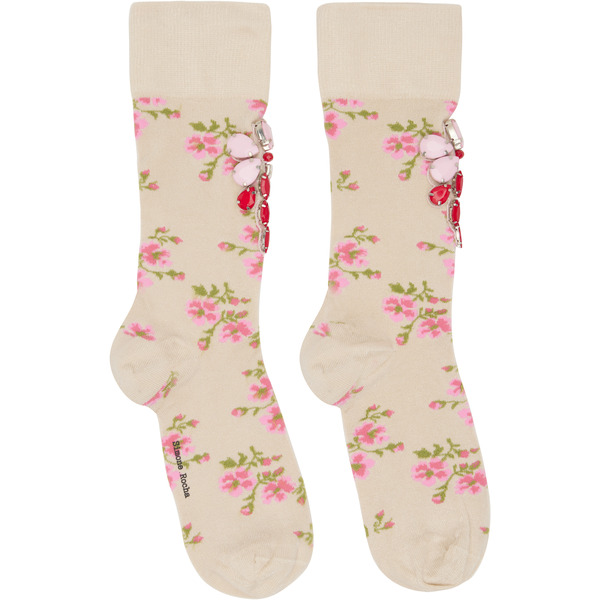  Simone Rocha Beige Tiny Flower Jacquard Embellished Ankle Socks 