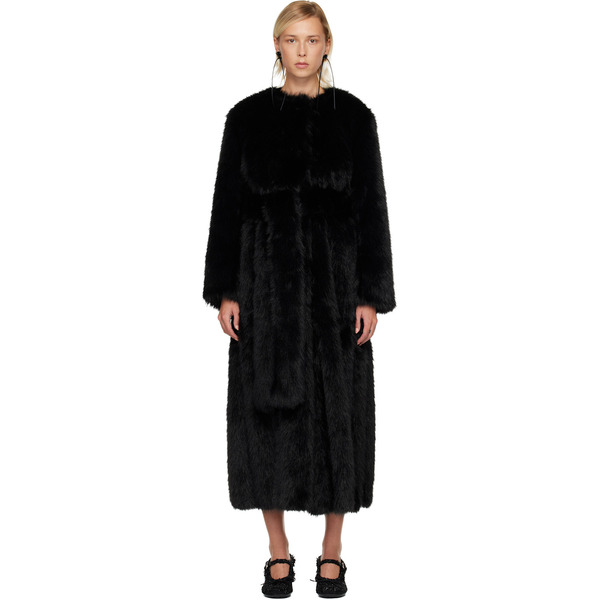  Simone Rocha Black Belted Faux Fur Long Multi Slit Coat 