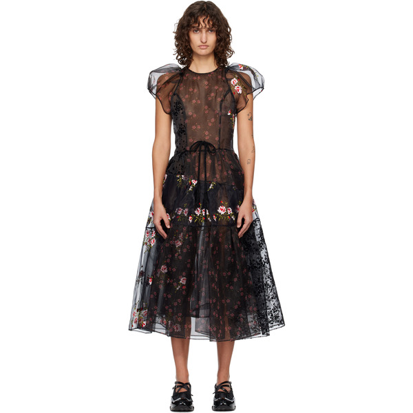  Simone Rocha Black Sheer Puff Sleeve Patchwork Flounce Midi Dress 