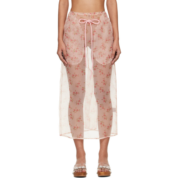  Simone Rocha Pink Sheer Frayed Column Pencil Midi Skirt 