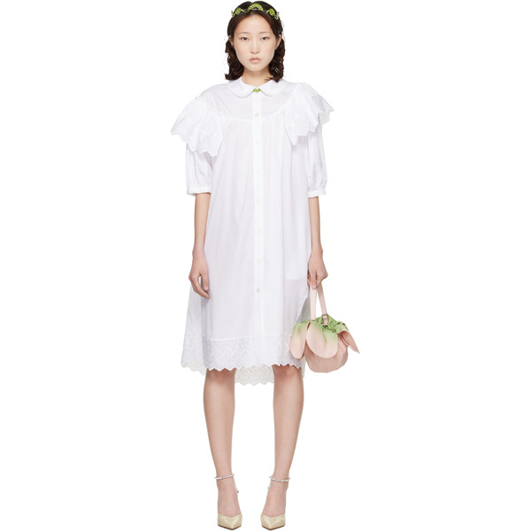  Simone Rocha White Puff Sleeve Ruffle Frill Trim Shirt Midi Dress 
