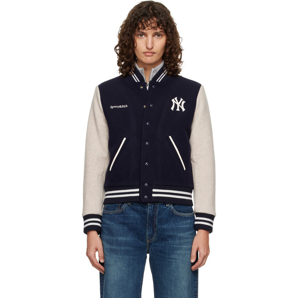  Sporty & Rich Navy & Beige Yankees Curve Wool Varsity Jacket 