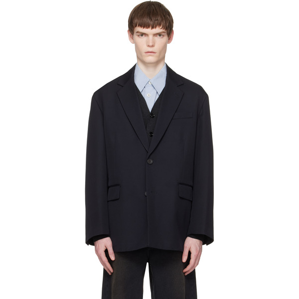  Ssstein Navy Wool Kersey Oversized Single Breasted Blazer 