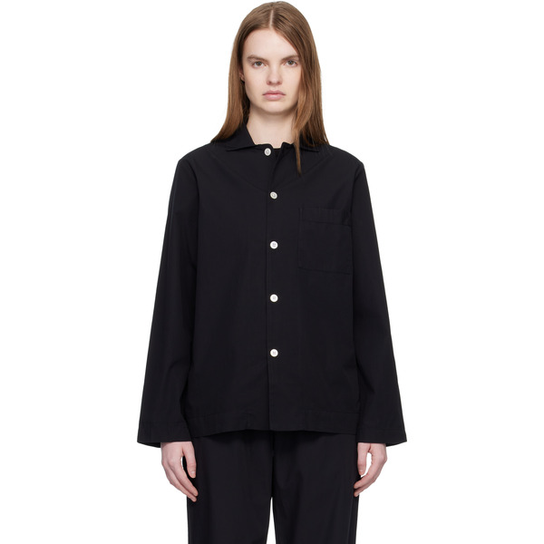  Tekla Black Poplin Long-sleeved Pyjama Shirt 
