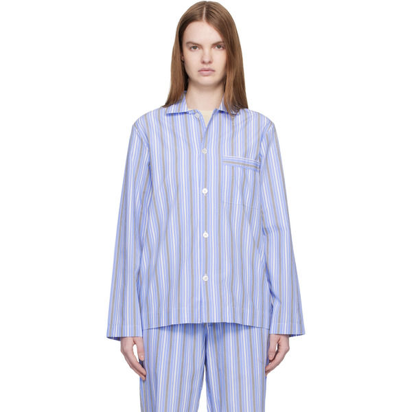  Tekla Blue & White Poplin Long-sleeved Pyjama Shirt 