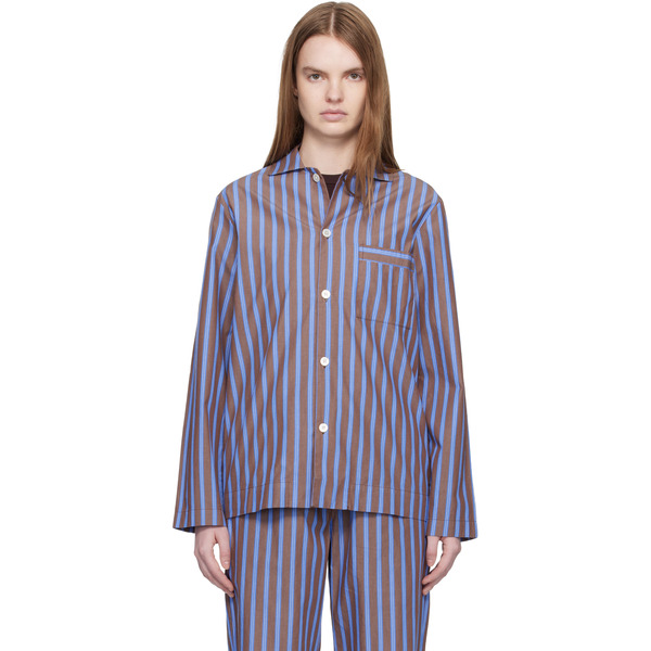 Tekla Brown & Blue Poplin Long-sleeved Pyjama Shirt 