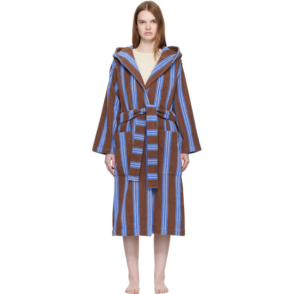  Tekla Brown & Blue Terry Hooded Bathrobe 