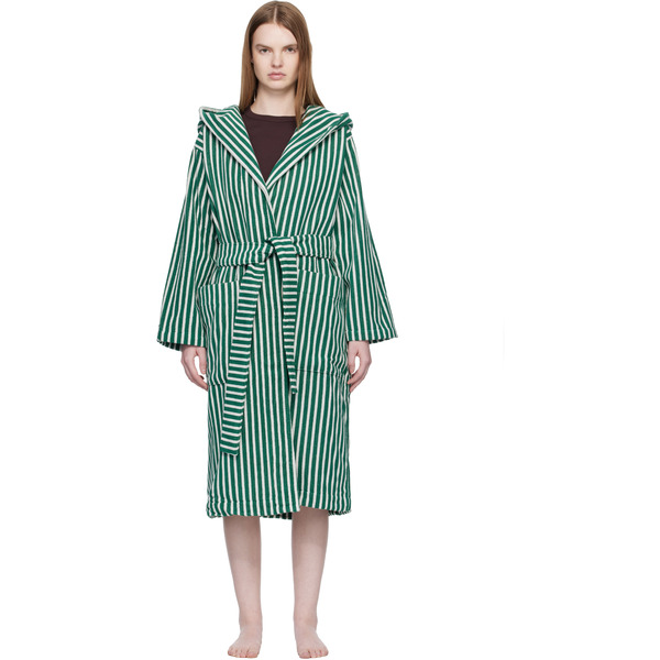  Tekla Green & White Terry Hooded Bathrobe 