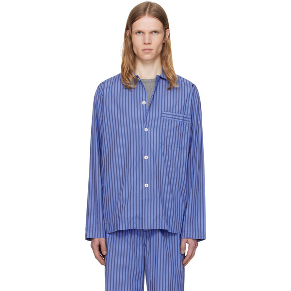  Tekla Navy Poplin Long-sleeved Pyjama Shirt 