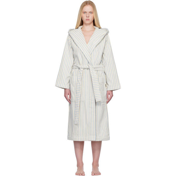  Tekla Off-white & Blue Terry Hooded Bathrobe 