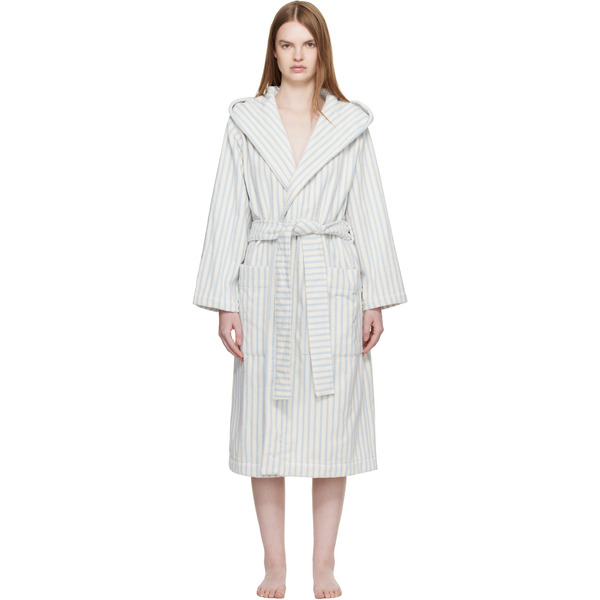 Tekla Off White & Blue Terry Hooded Bathrobe 