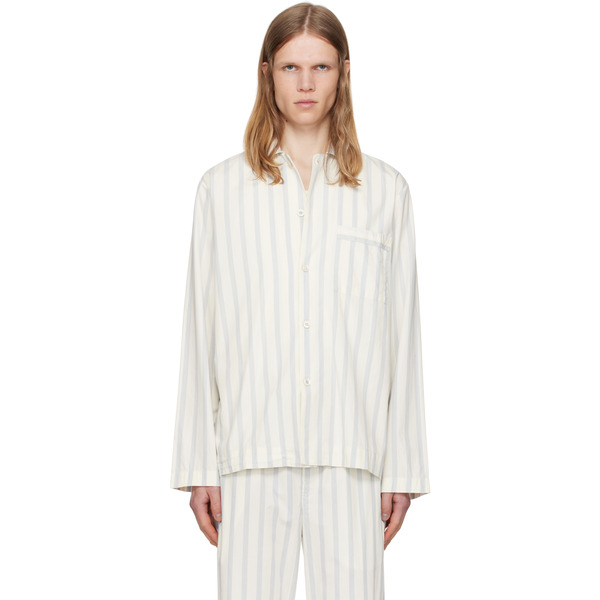  Tekla Off-white & Navy Poplin Long-sleeved Pyjama Shirt 
