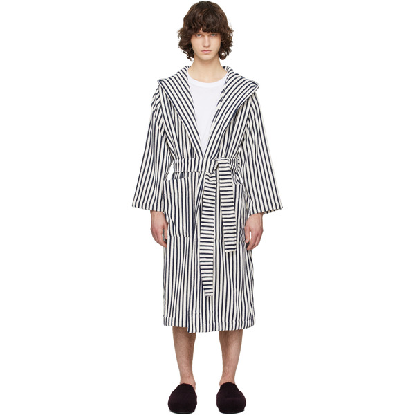  Tekla Off-white & Navy Terry Hooded Bathrobe 