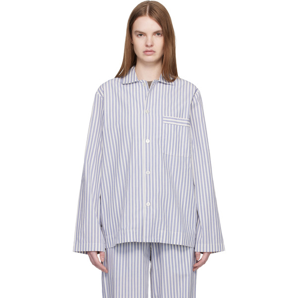  Tekla White & Blue Poplin Long-sleeved Pyjama Shirt 