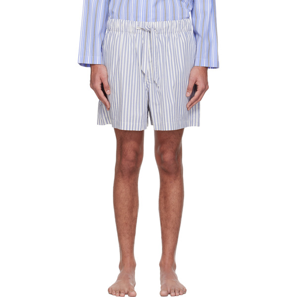  Tekla White & Blue Poplin Pyjama Shorts 