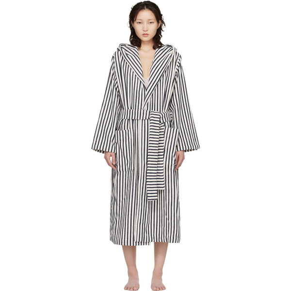  Tekla White & Navy Terry Hooded Bathrobe 