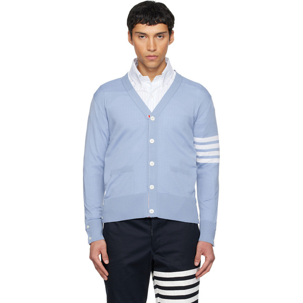 Thom Browne Blue Merino Wool 4-bar Classic V-neck Cardigan 