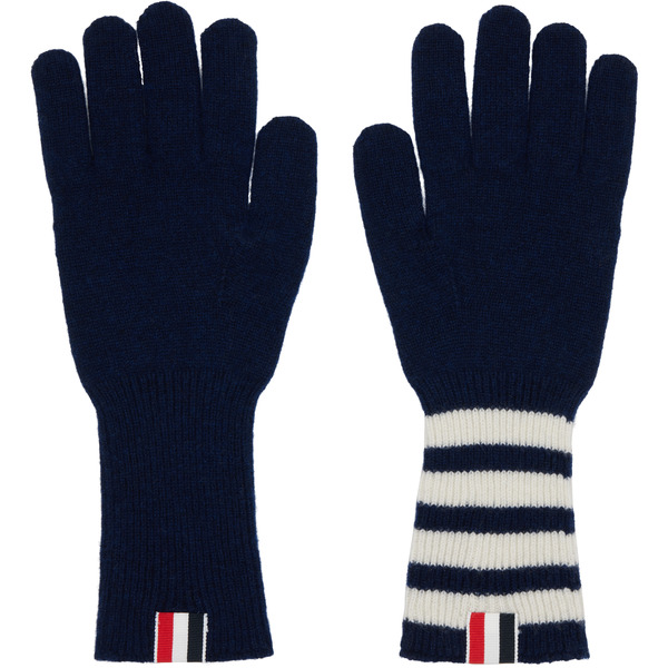  Thom Browne Navy Cashmere Ribbed 4-bar Gloves 