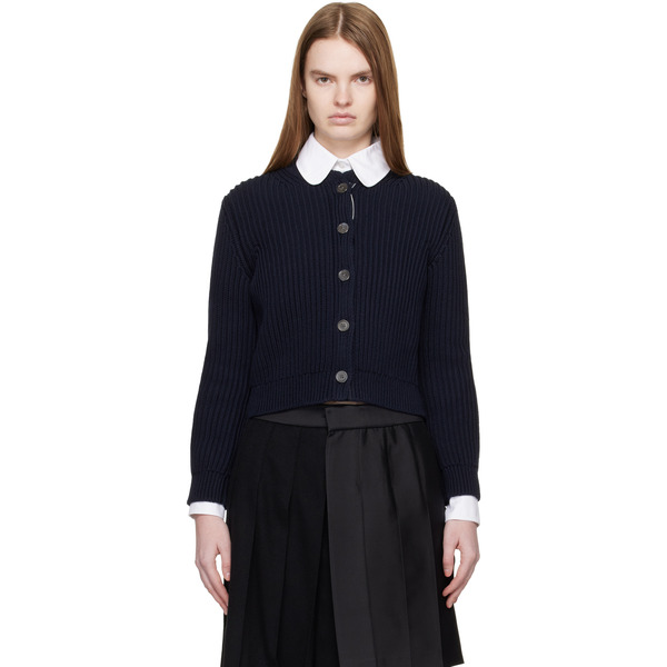  Thom Browne Navy Full Stitch Cropped Crew Neck Cardigan 