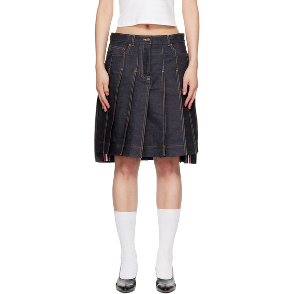  Thom Browne Navy Pleated Denim Miniskirt 