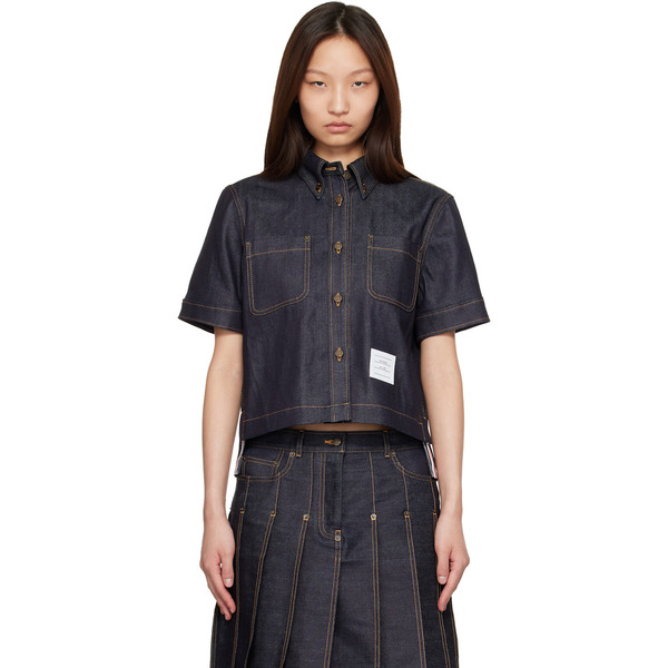  Thom Browne Navy Straight Hem Button Down Point Collar Denim Shirt 