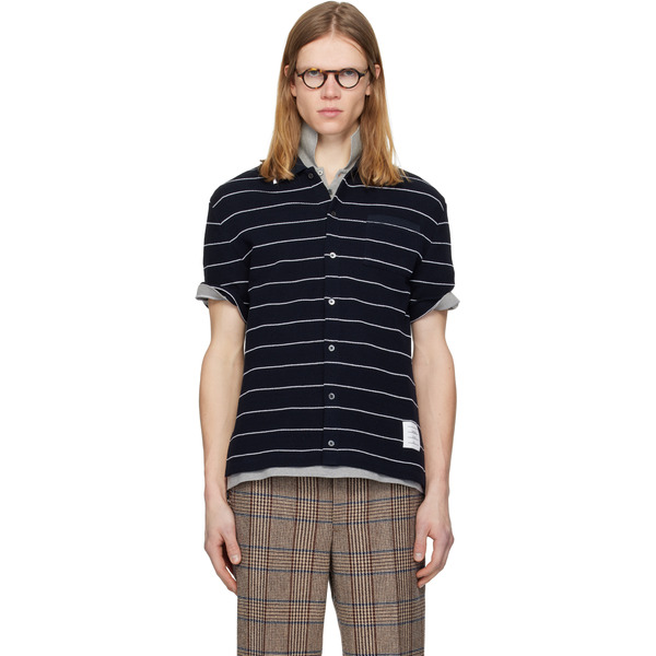  Thom Browne Navy Textured Stripe Short Sleeve Shirt 
