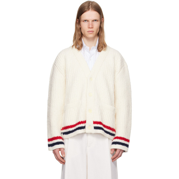  Thom Browne White Chunky Rib Stitch V Neck Cardigan 