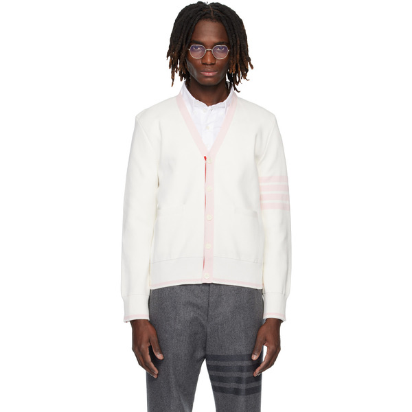  Thom Browne White Cotton 4-bar Milano Classic V-neck Cardigan 
