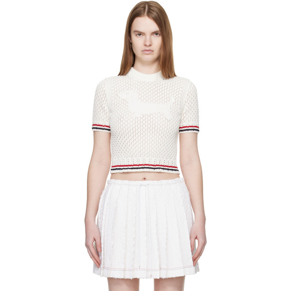  Thom Browne White Cotton Pointelle Hector Rwb Sweater 