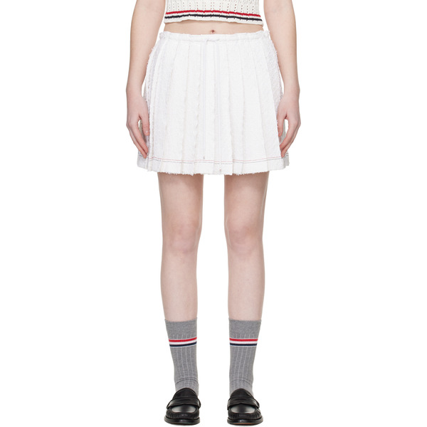  Thom Browne White Eyelash Tweed Drawstring Pleated Miniskirt 