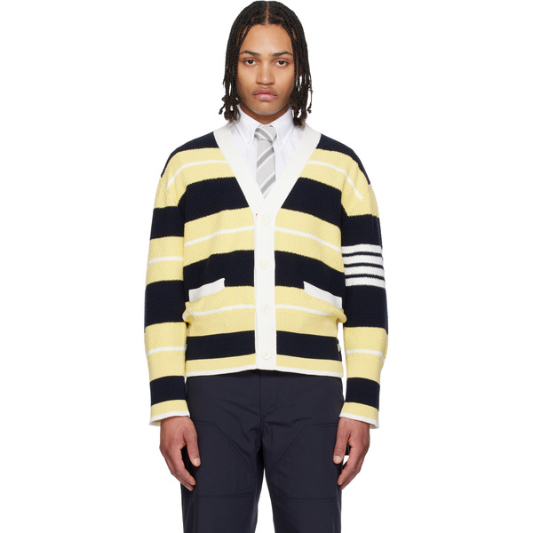  Thom Browne Yellow & Navy Classic Stripe Seed Stitch 4-bar Cardigan 