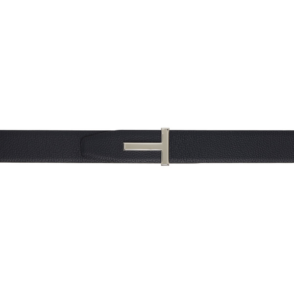  Tom Ford Navy & Black Grain Leather T Icon Reversible Belt 