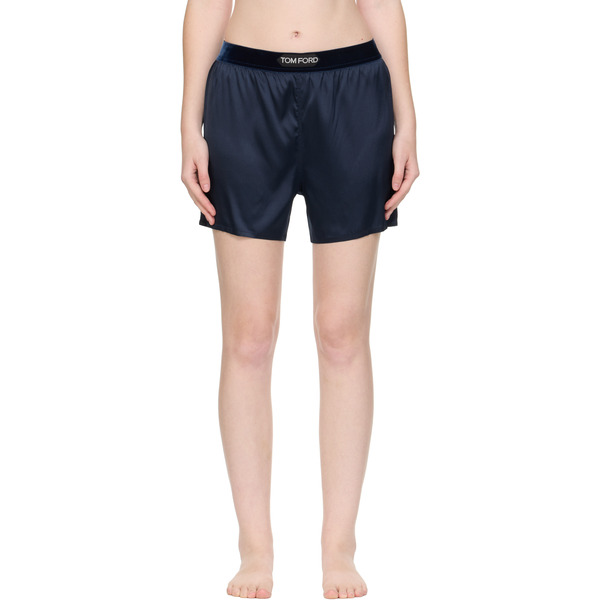  Tom Ford Navy Stretch Silk Satin Boxer Shorts 