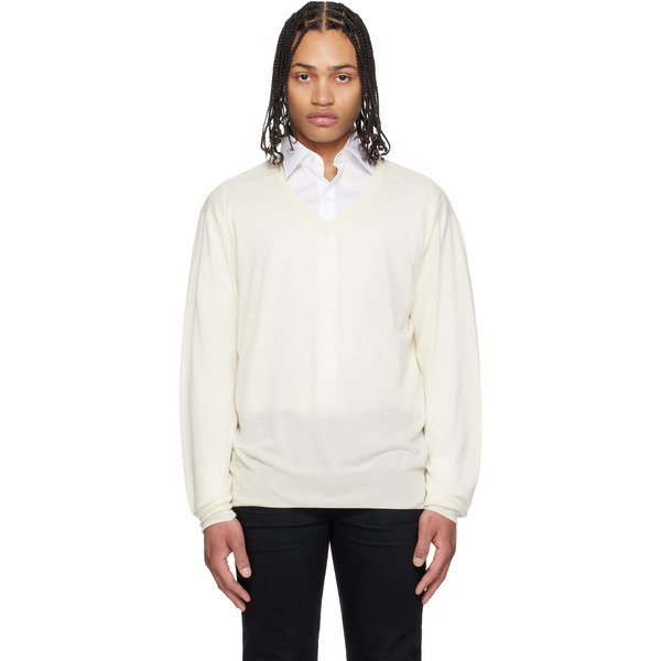  Tom Ford Off-white Fine Gauge Cashmere Ls V-neck Sweater 