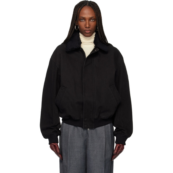  Tonywack Black Washed Cotton Faux-shearling Trim Bomber Jacket 