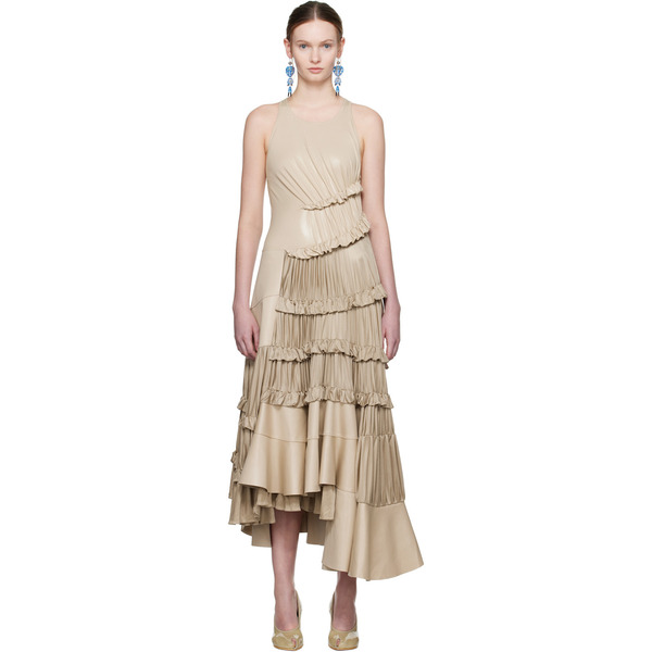  Tory Burch Beige Ruffle Liquid Jersey Midi Dress 