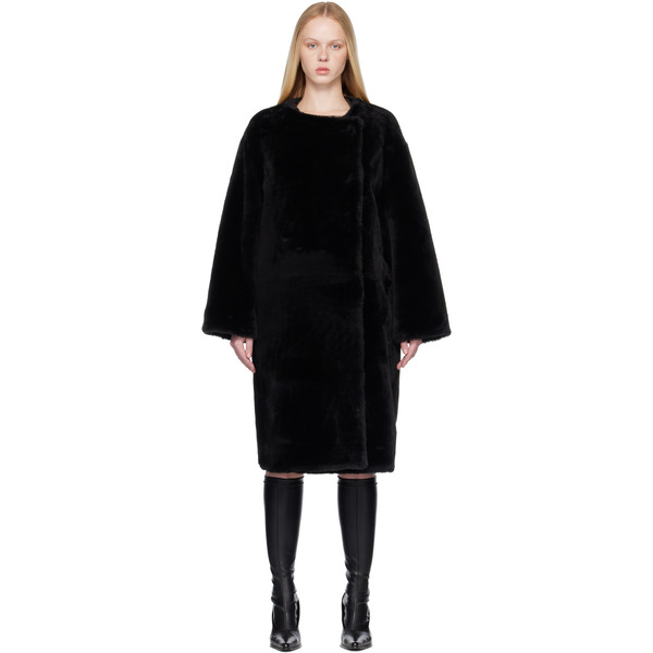  Toteme Black Collarless Shearling Coat 