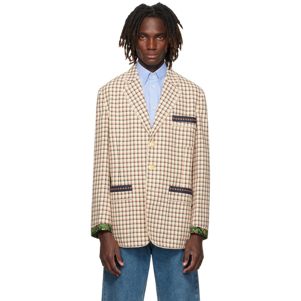  Valentino Beige Check Pattern Single-breasted Cotton Blazer 