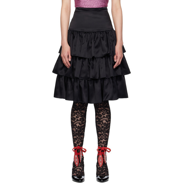  Valentino Black Satin Ruffle Midi Skirt 